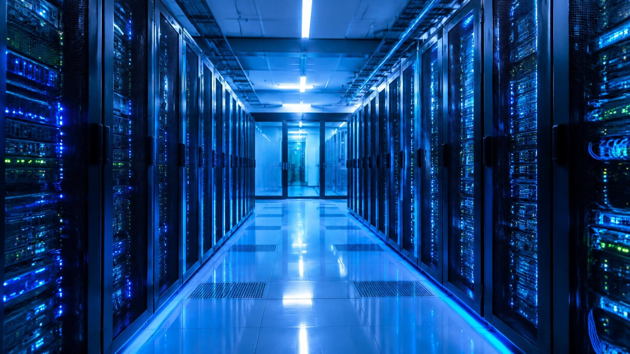 Server room with rows of illuminated data racks