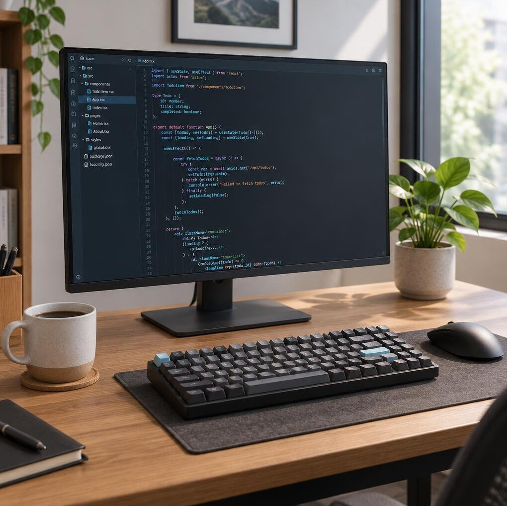 Modern desk setup with monitor displaying code and a cup of coffee