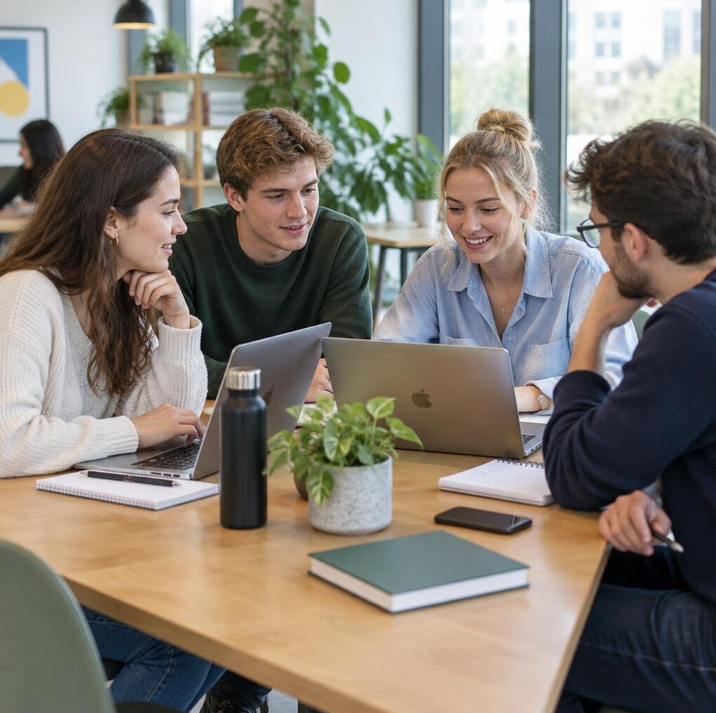 Group of people studying together with laptops in a bright room