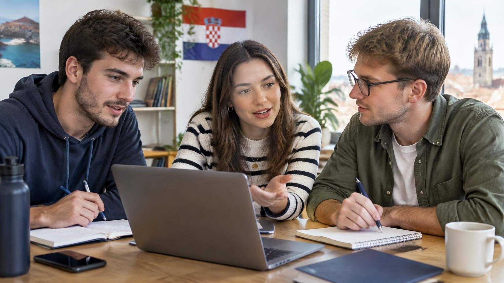 Diverse group of people collaborating around a laptop and taking notes