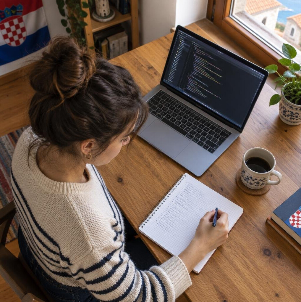 Person writing notes next to an open laptop with code