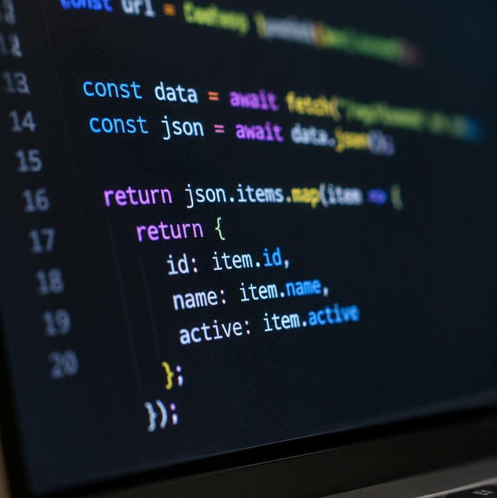 Close-up of a laptop screen showing programming code