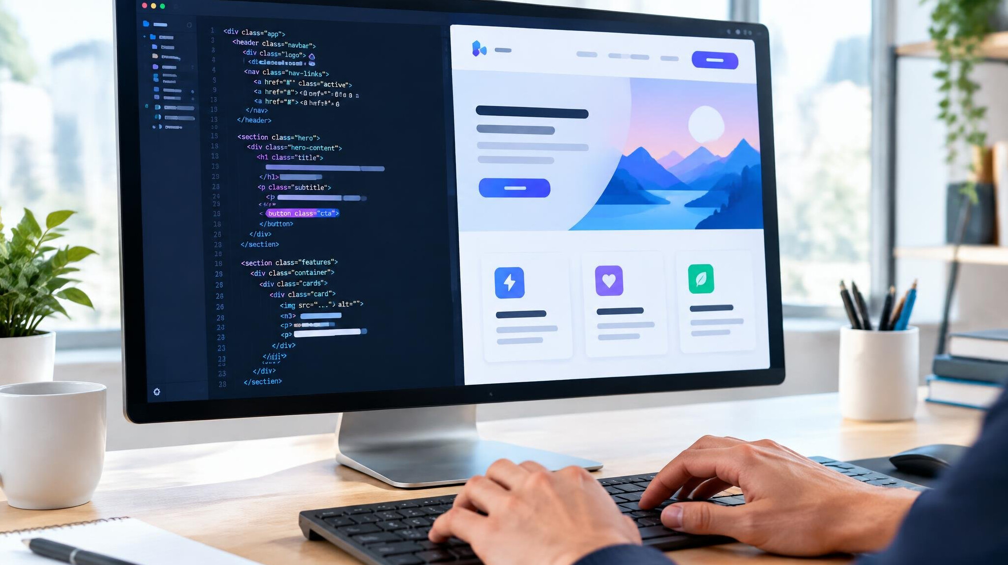 Developer working on a colorful user interface design on a monitor