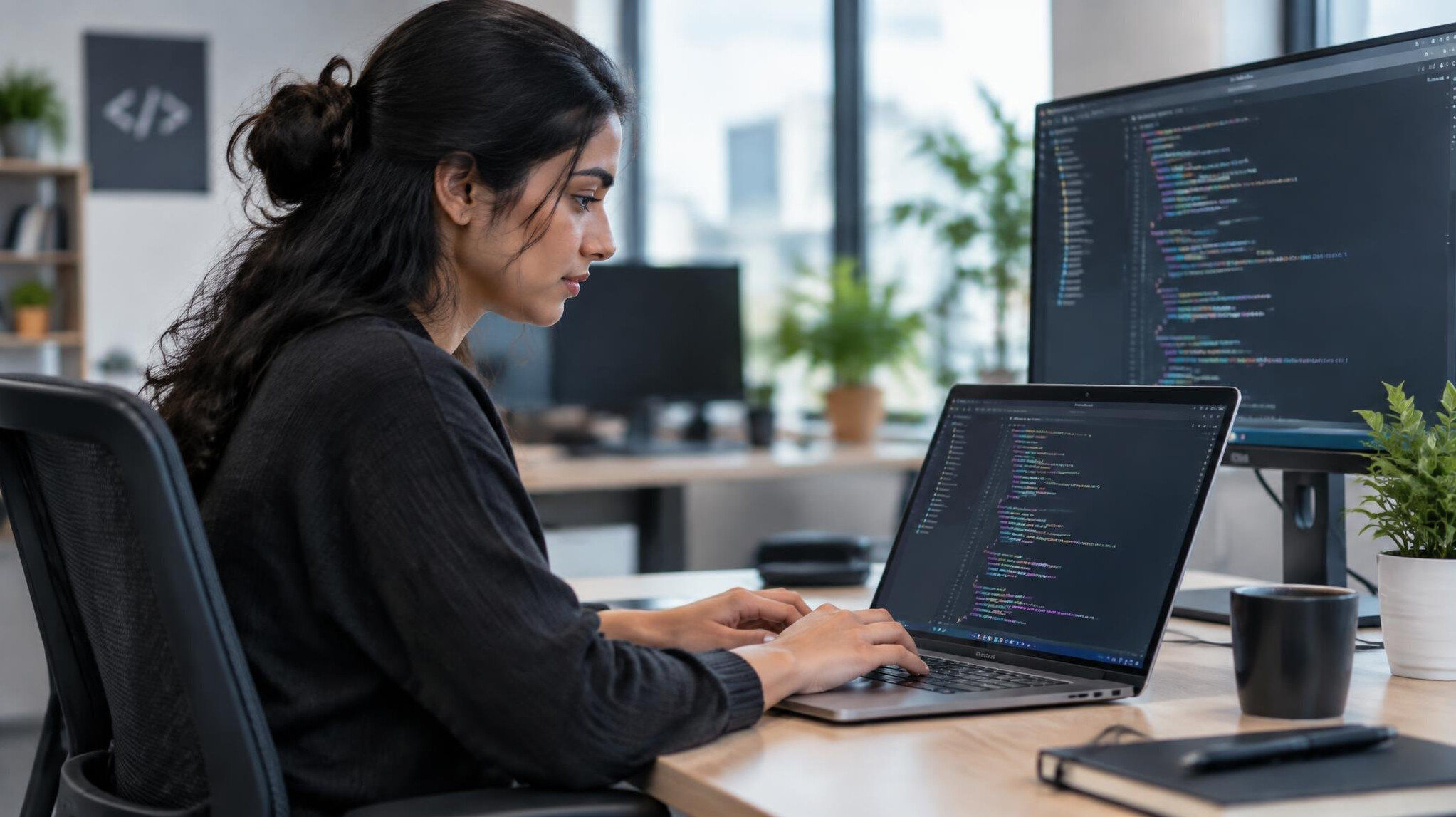 woman coding on laptop