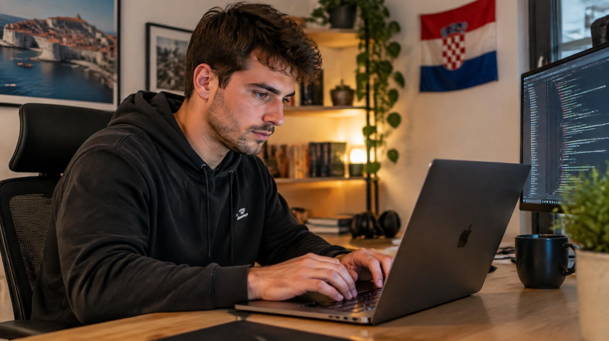 Person coding on a laptop with lines of code on the screen