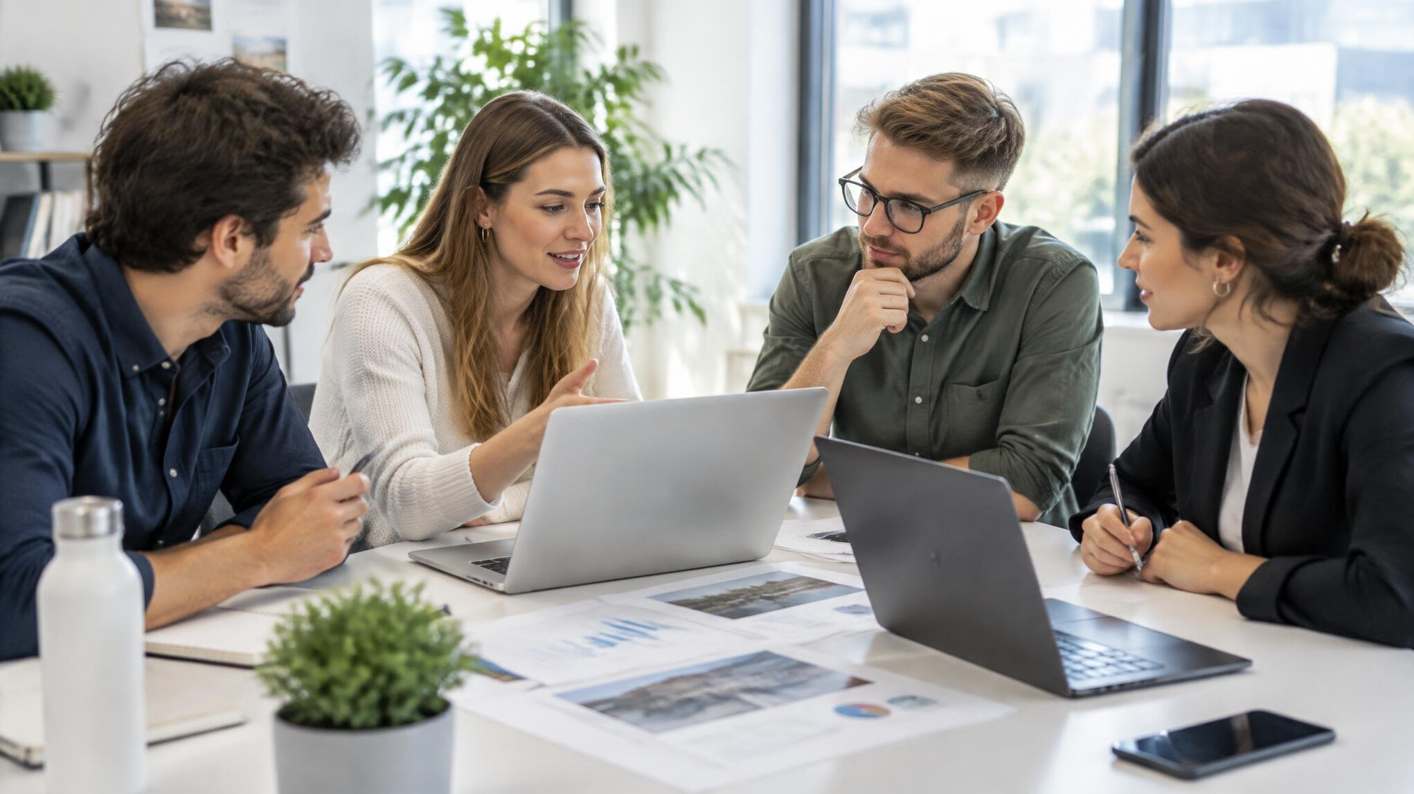 Team of people discussing around a table with laptops and documents