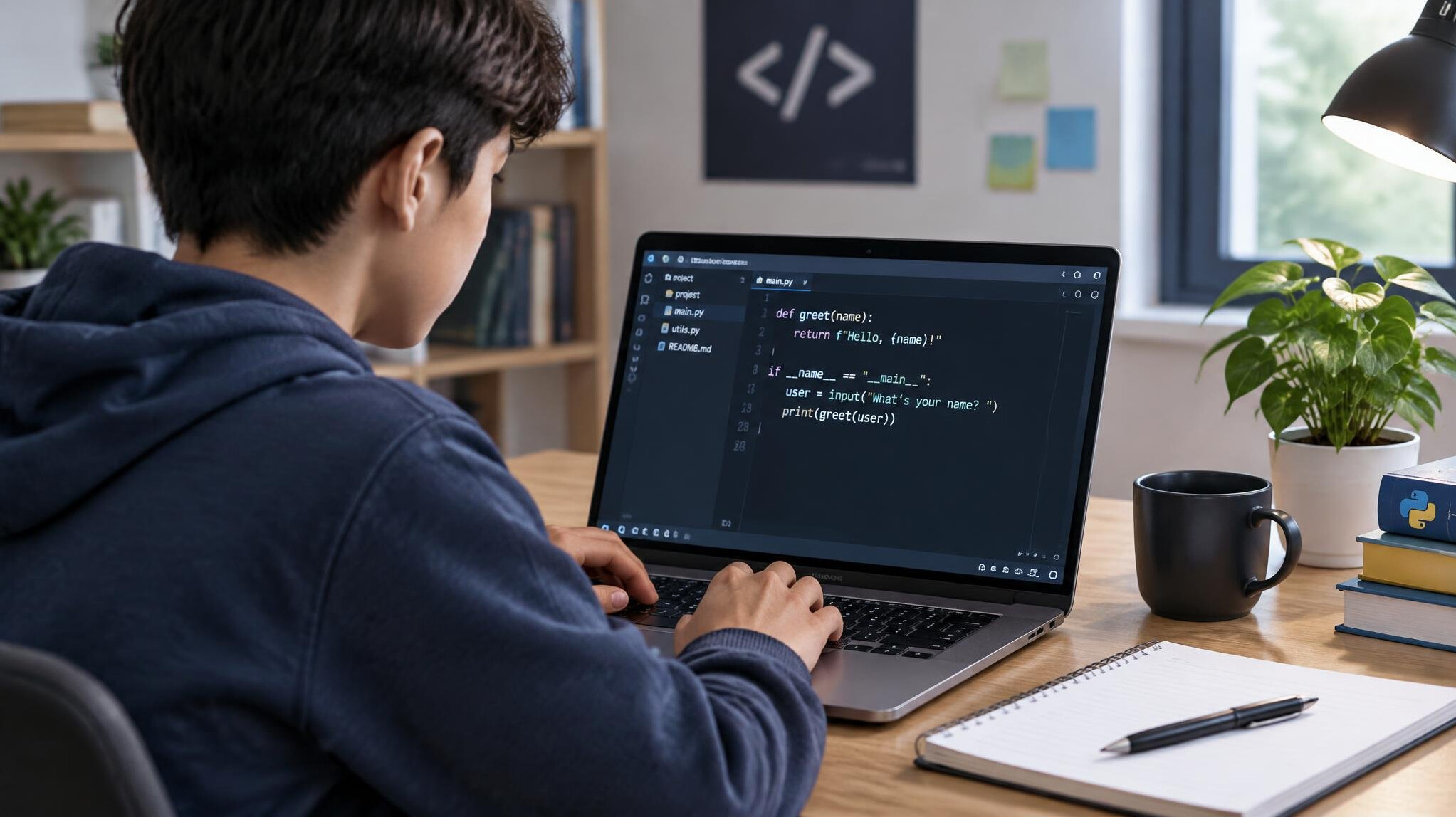 young person learning programming on laptop